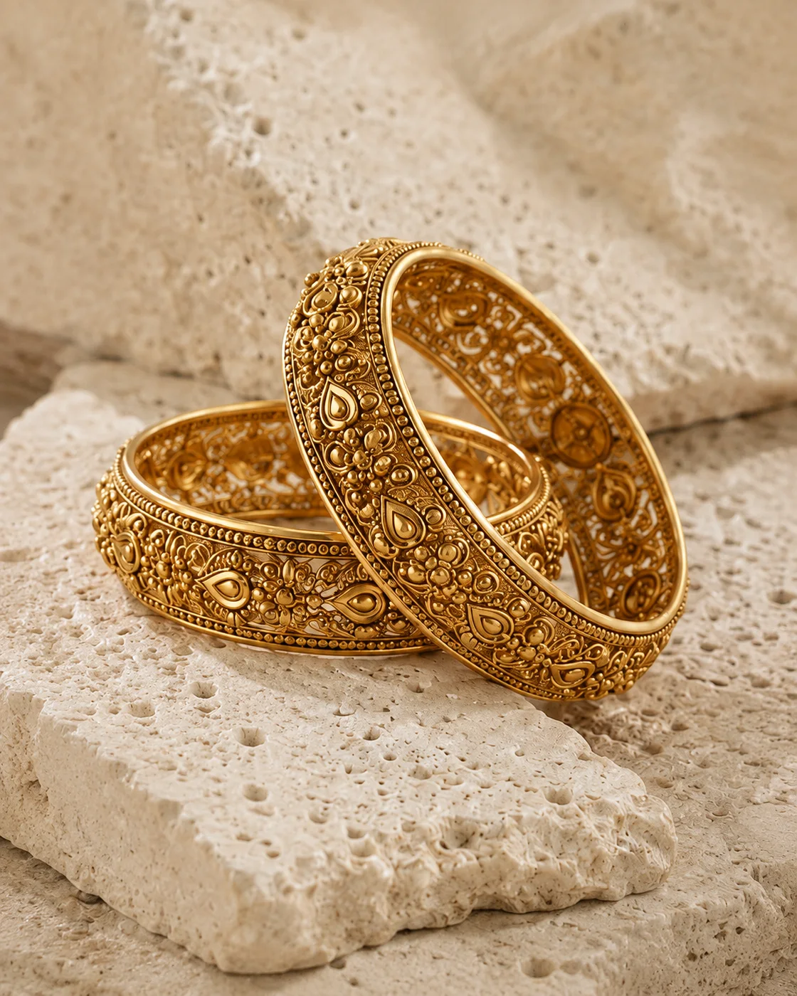 Intricately crafted gold bangles resting on warm ivory stone